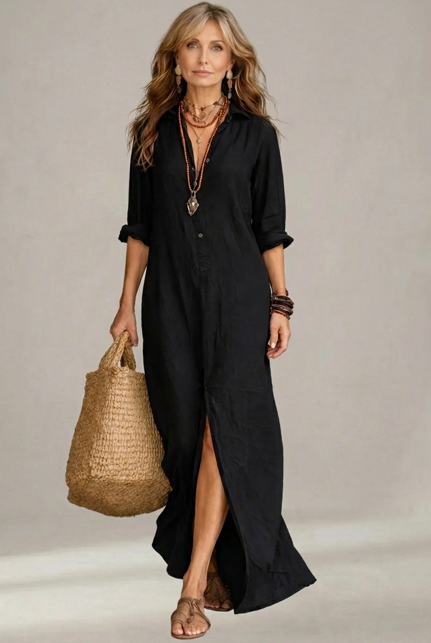 Soline | Long Dress with Buttons and Comfortable V Neckline