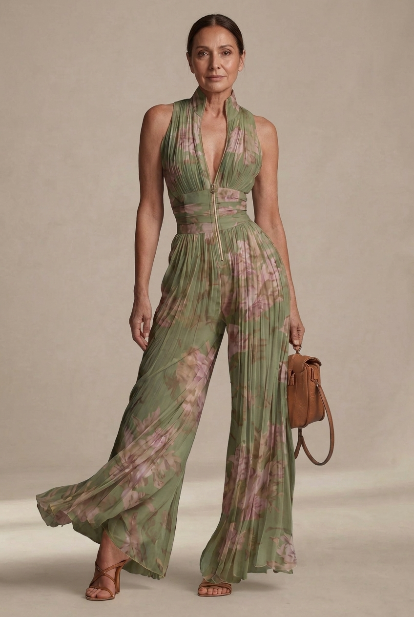 Inés | Pleated dress with floral chiffon