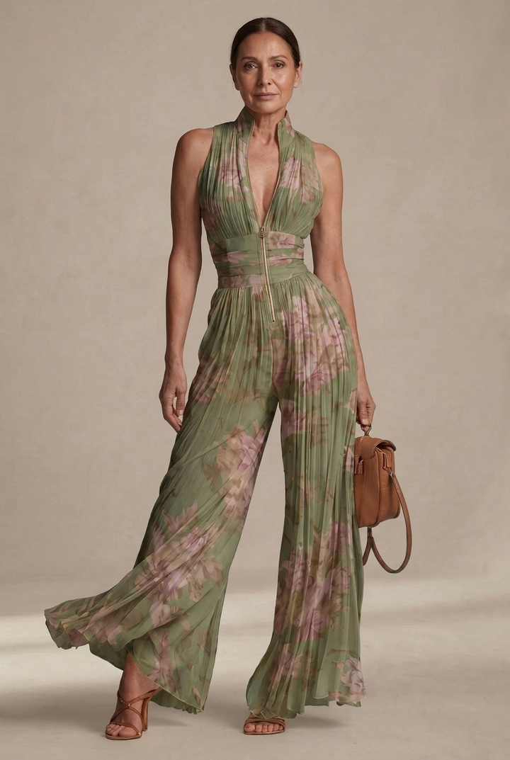 Inés | Pleated dress with floral chiffon