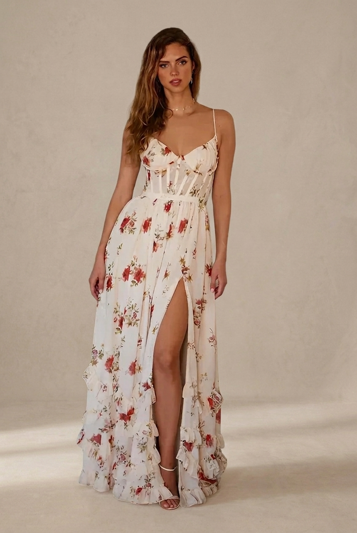 Paola | Romantic Floral Dress with V Neckline