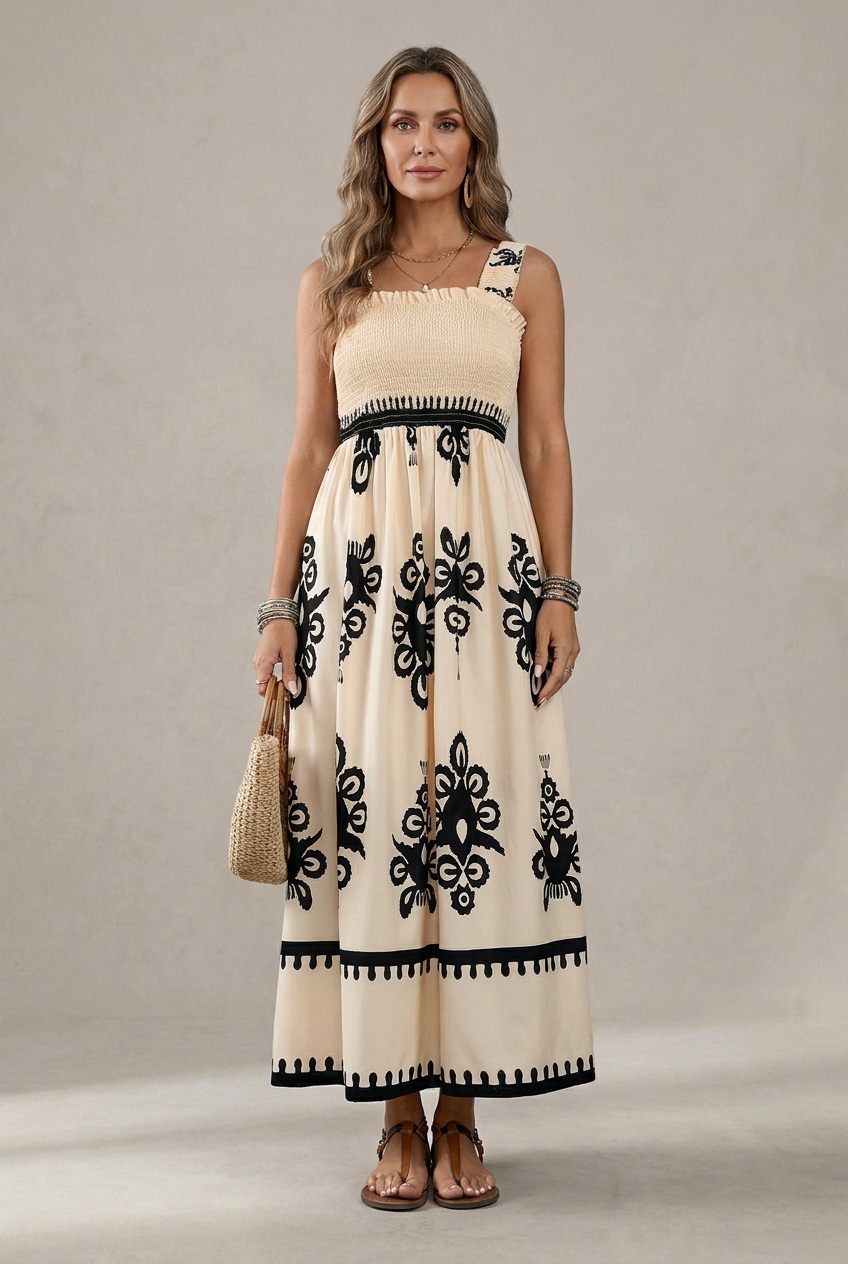 Martina | Long Dress with Artistic Design and Elastic Waist