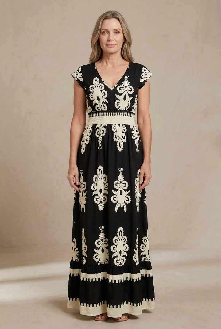 Candela | Long Baroque Dress with V Neckline
