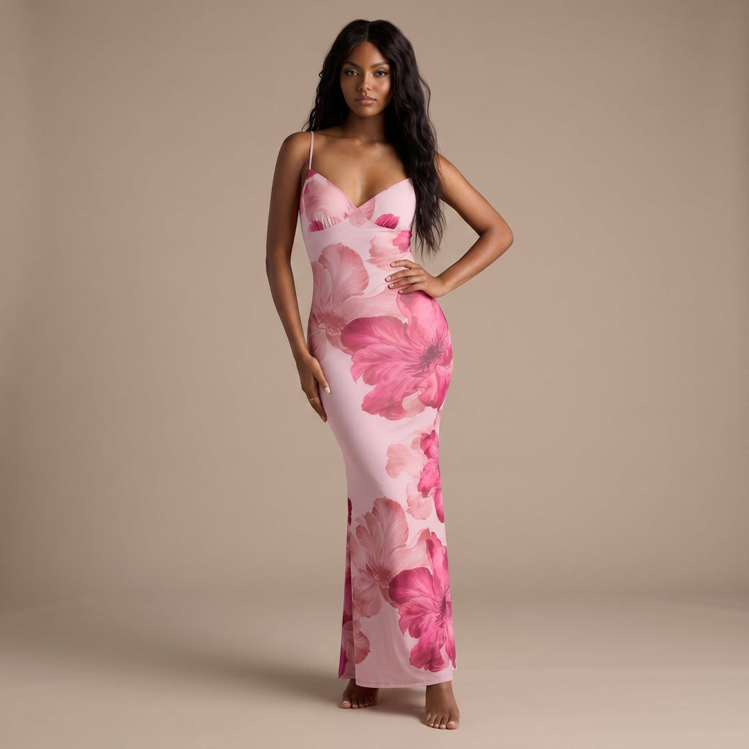 Valeria – Long Fitted Dress with Floral Design