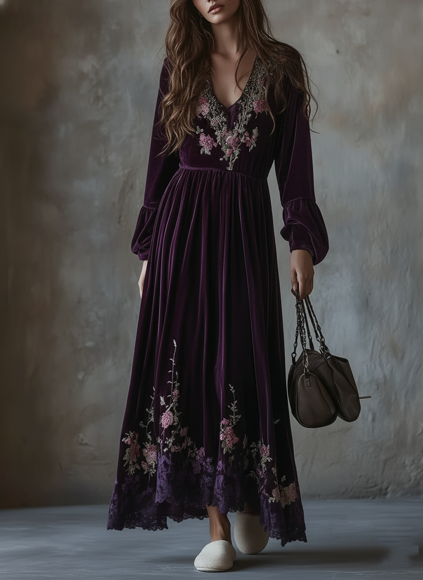 Velvet Maxi Dress Adorned with Embroidered Floral Designs