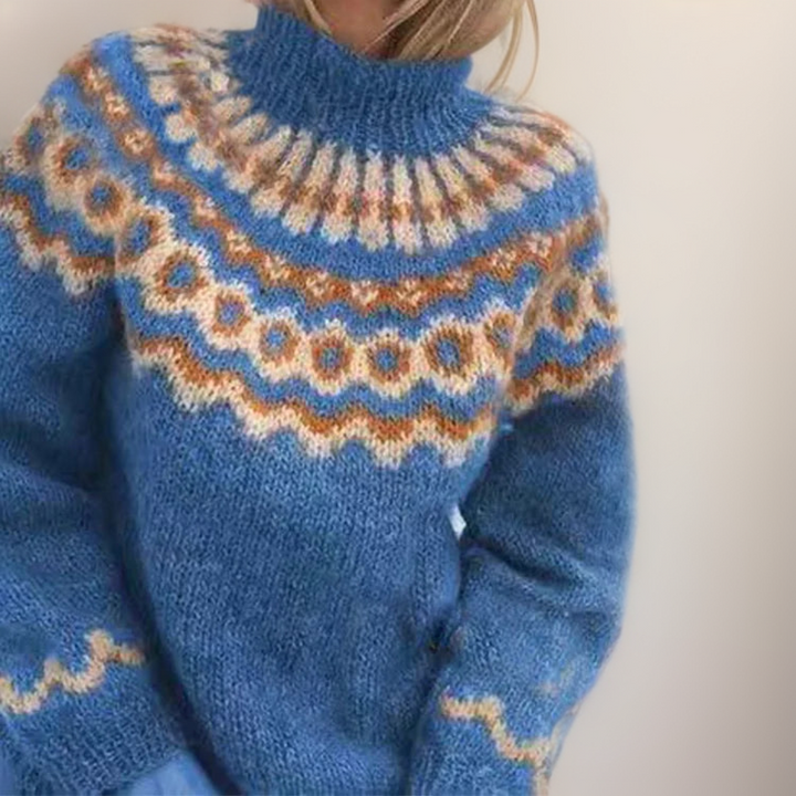 Earthy Toned Nordic Pattern Roll Neck Knitted Sweater