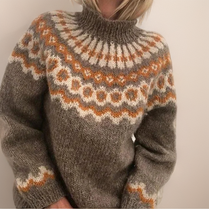 Earthy Toned Nordic Pattern Roll Neck Knitted Sweater