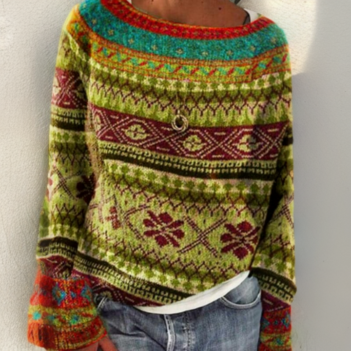 Bohemian Knit Sweater Featuring Green, Burgundy, and Turquoise Design