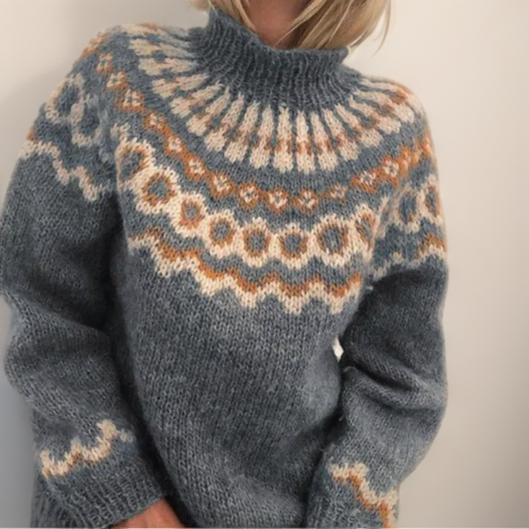 Earthy Toned Nordic Pattern Roll Neck Knitted Sweater
