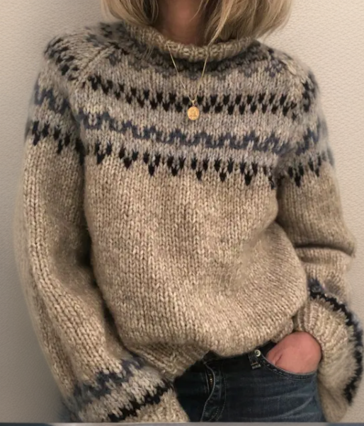 Earthy Toned Knitted Sweater with Decorative Neckline Pattern