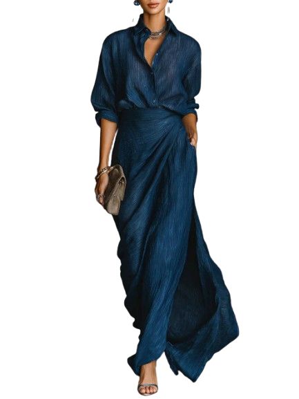 Chic Two-Piece Ensemble Featuring a Flowing Skirt and Shirt-Style Blouse