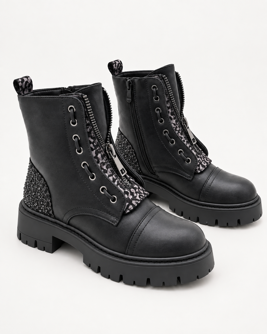 Metallic-Accented Lace-Up Ankle Boots