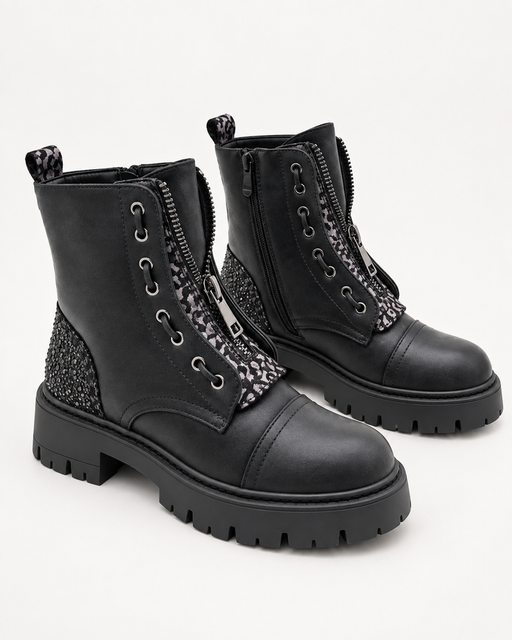 Metallic-Accented Lace-Up Ankle Boots