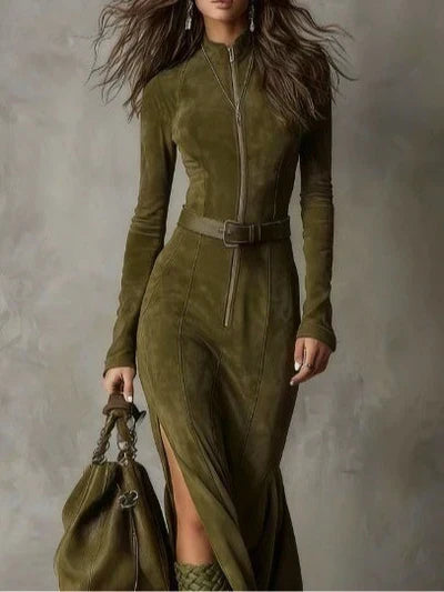 Maria - Chic Long Suede Dress with Belt and Side Split