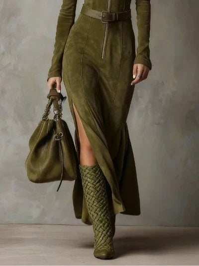 Maria - Chic Long Suede Dress with Belt and Side Split
