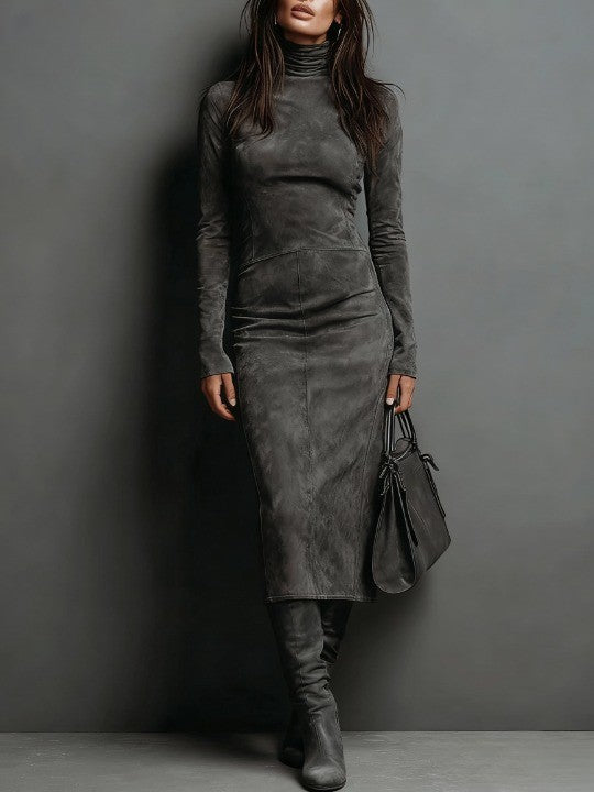 Augusta | Brown Midi Dress Featuring Stand Collar and Long Sleeves