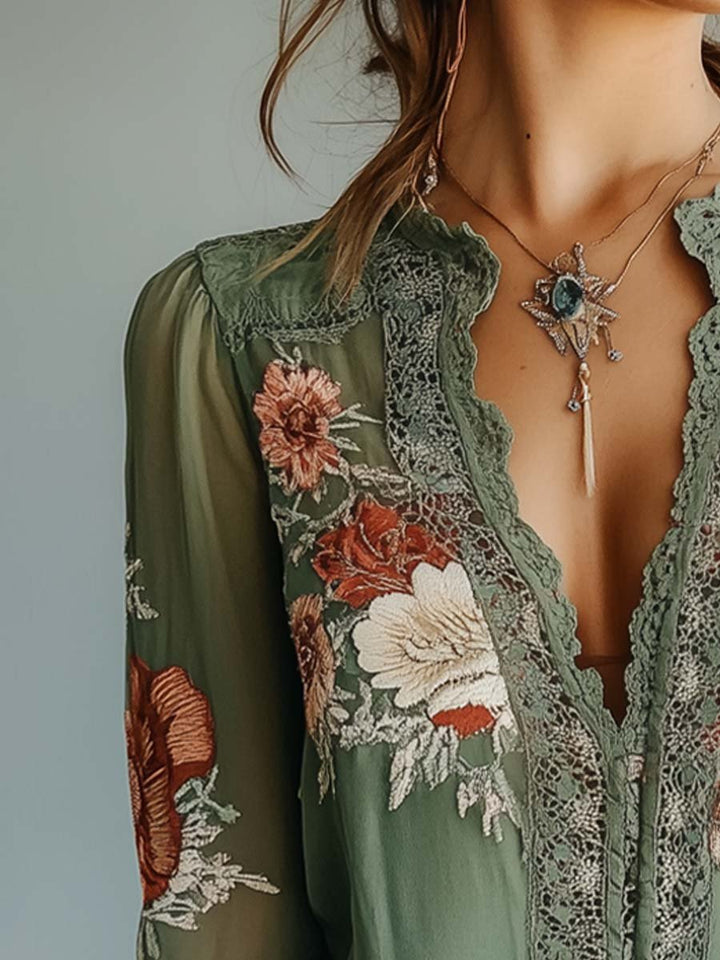Lace-Trimmed Floral Blouse