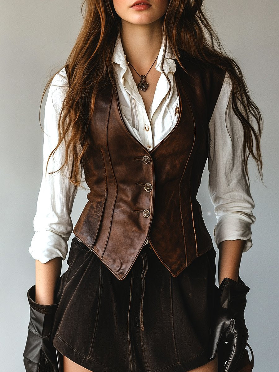 Vintage-Inspired Slim Fit Leather Gilet with Button Details