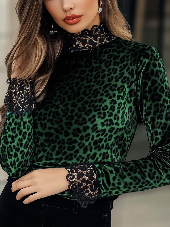 Leopard Print Velvet T-Shirt for Women with Lace Accents
