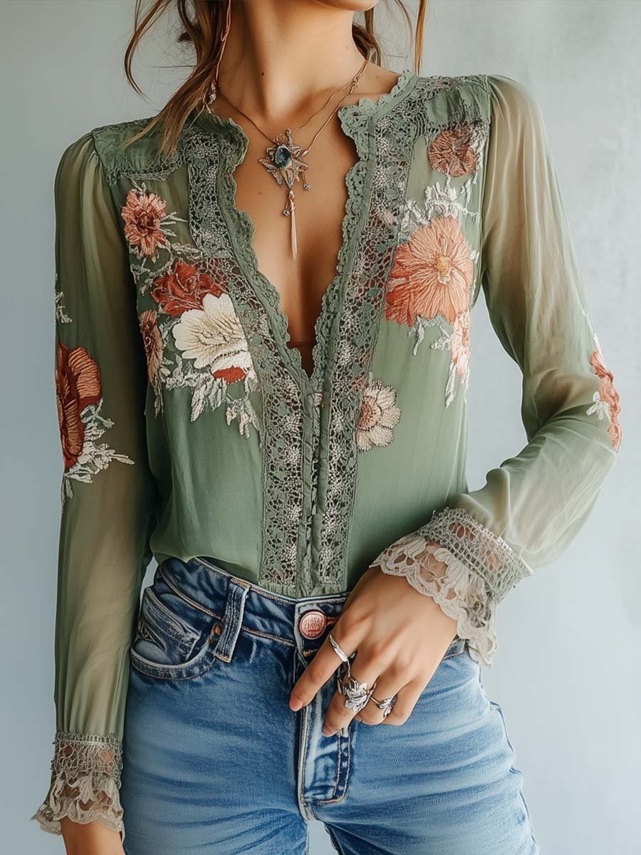 Lace-Trimmed Floral Blouse