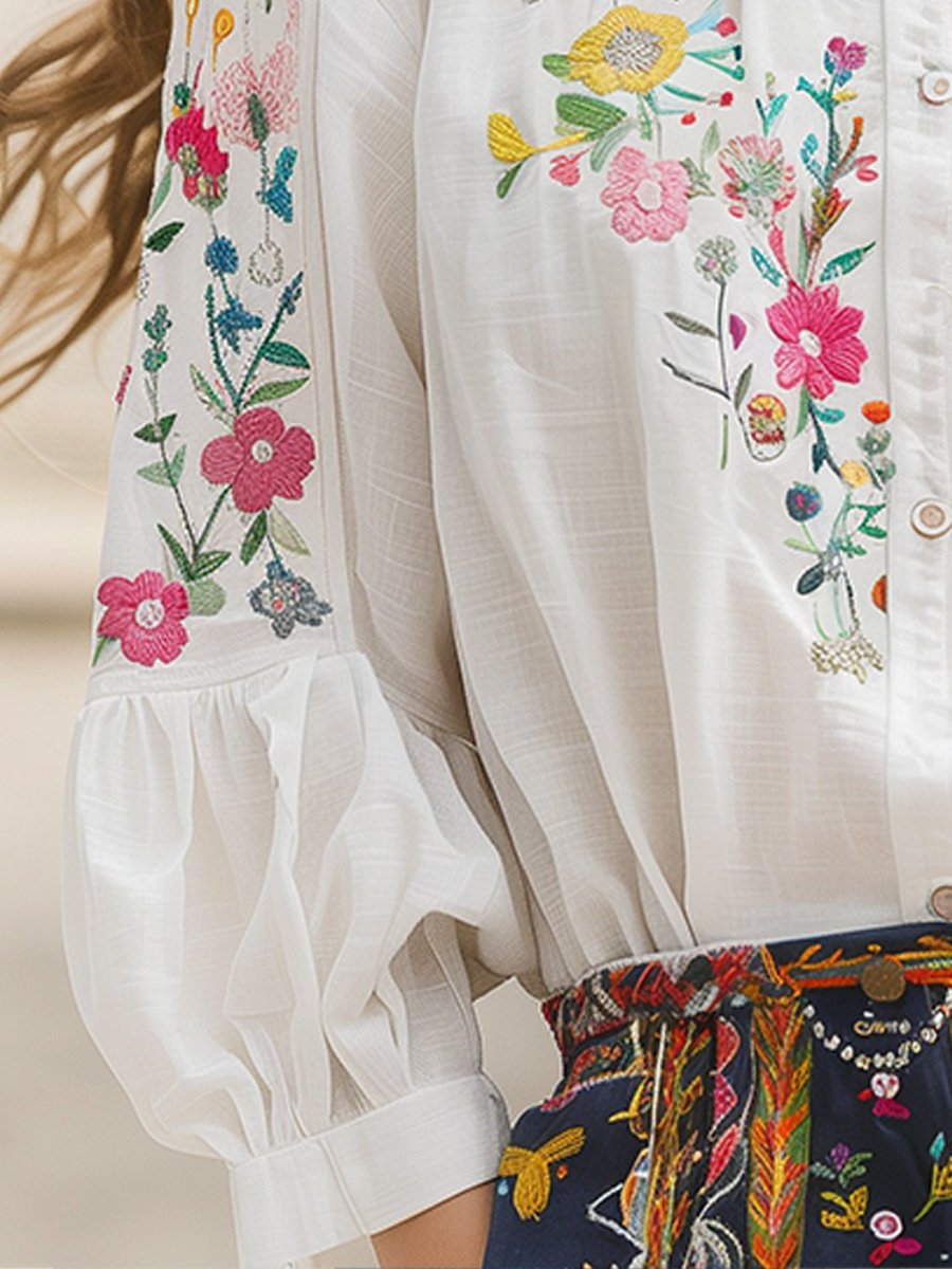 Floral Embroidered Short-Sleeve Cotton-Linen Shirt