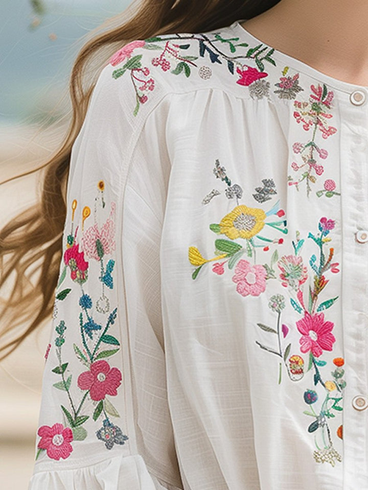 Floral Embroidered Short-Sleeve Cotton-Linen Shirt