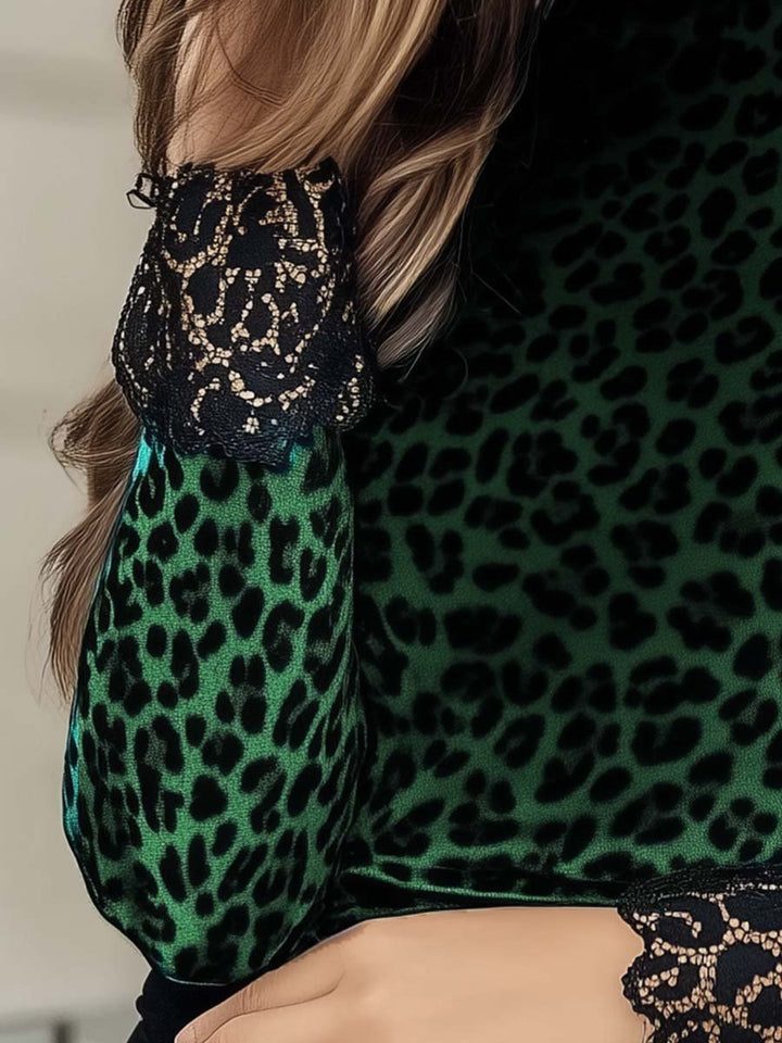 Leopard Print Velvet T-Shirt for Women with Lace Accents