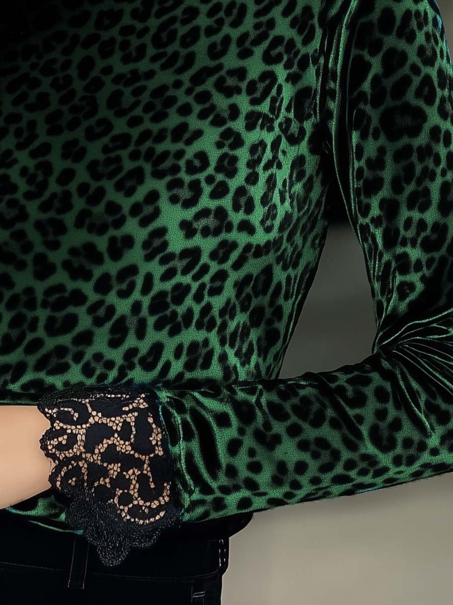 Leopard Print Velvet T-Shirt for Women with Lace Accents