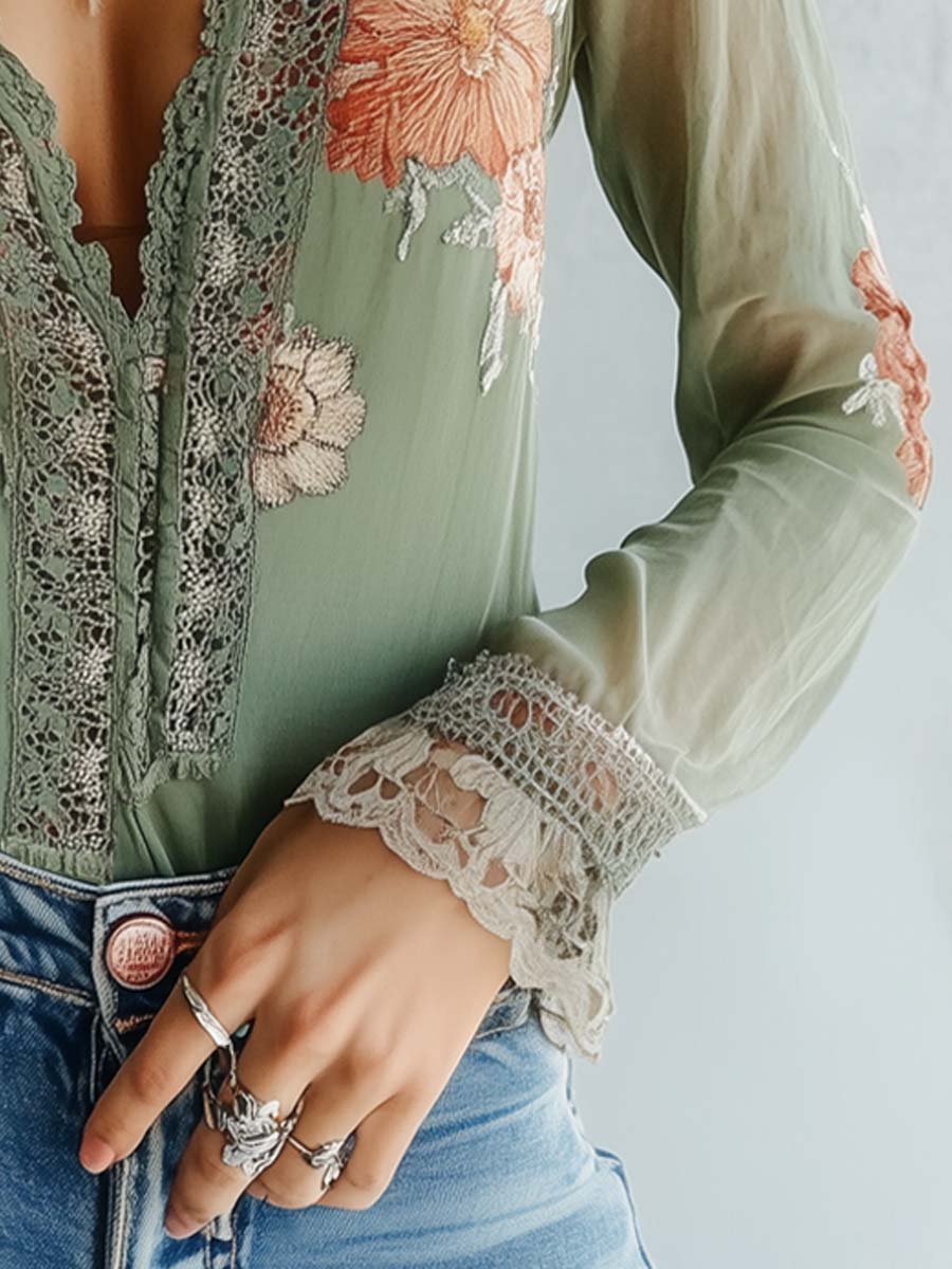 Lace-Trimmed Floral Blouse