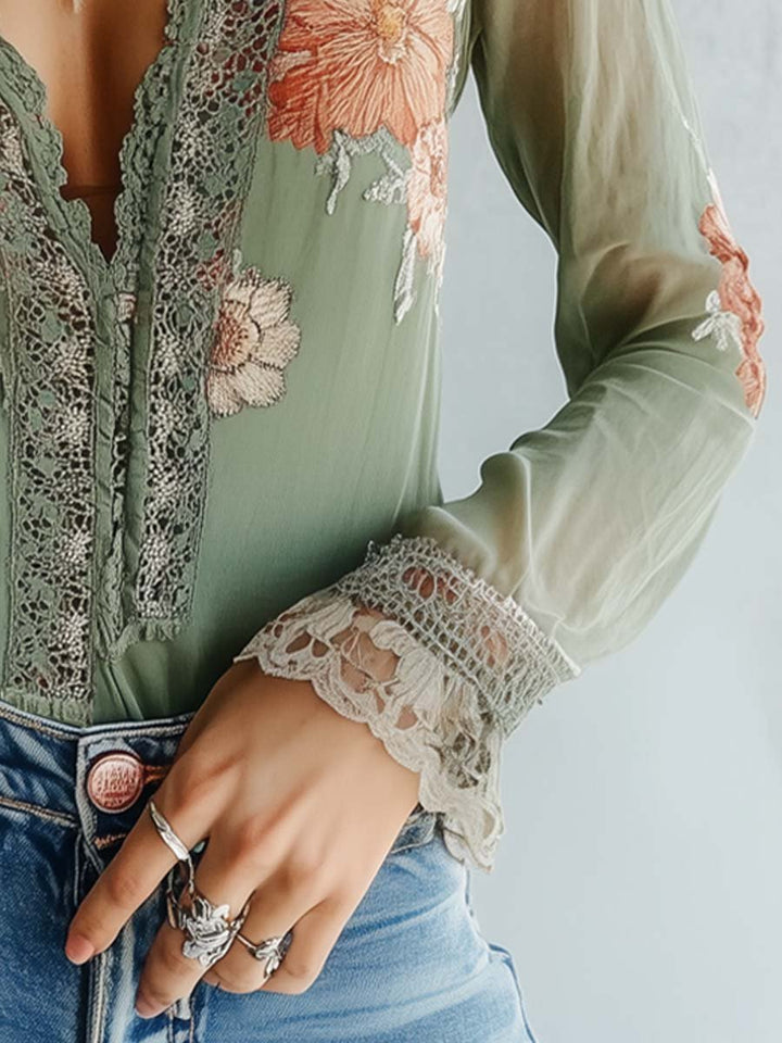Lace-Trimmed Floral Blouse