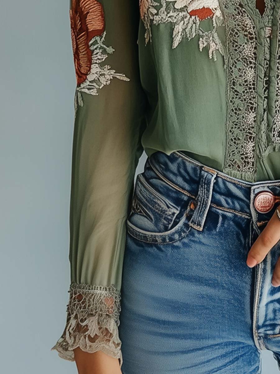 Lace-Trimmed Floral Blouse