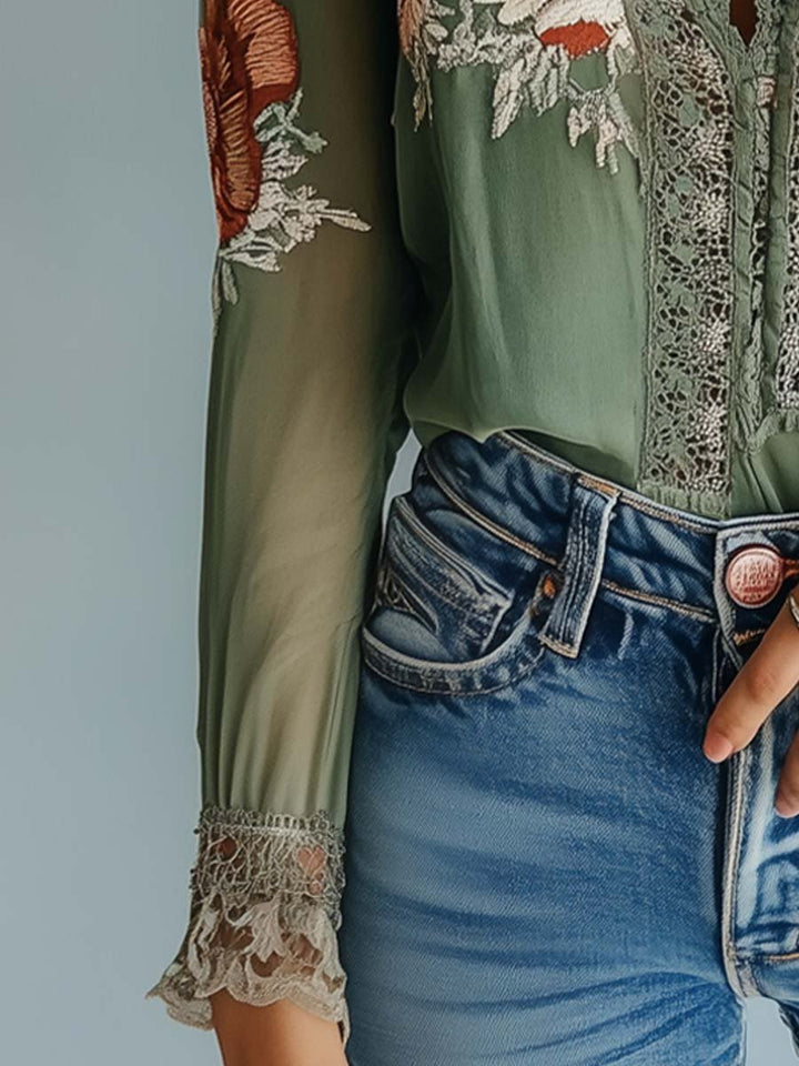 Lace-Trimmed Floral Blouse