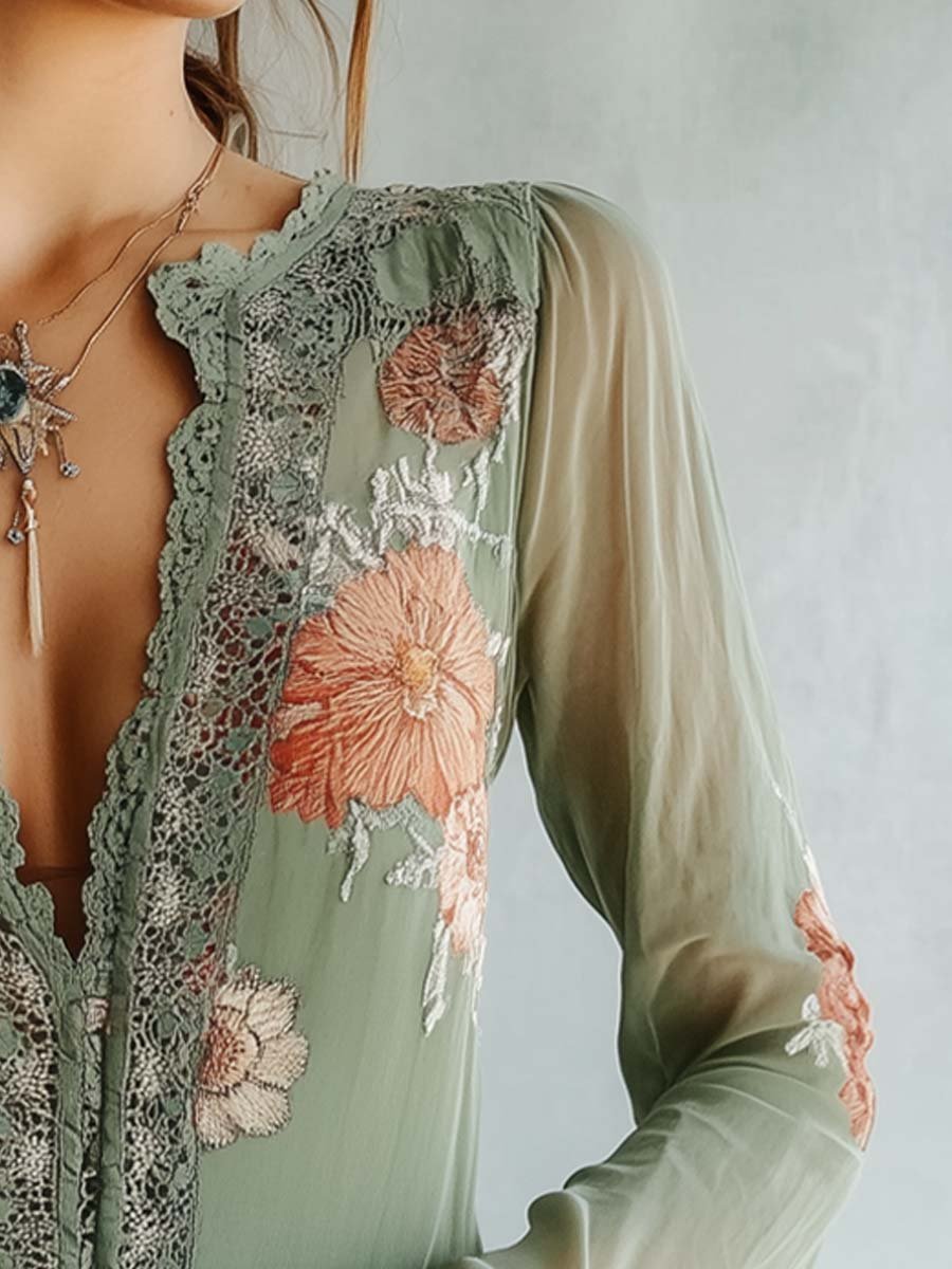 Lace-Trimmed Floral Blouse
