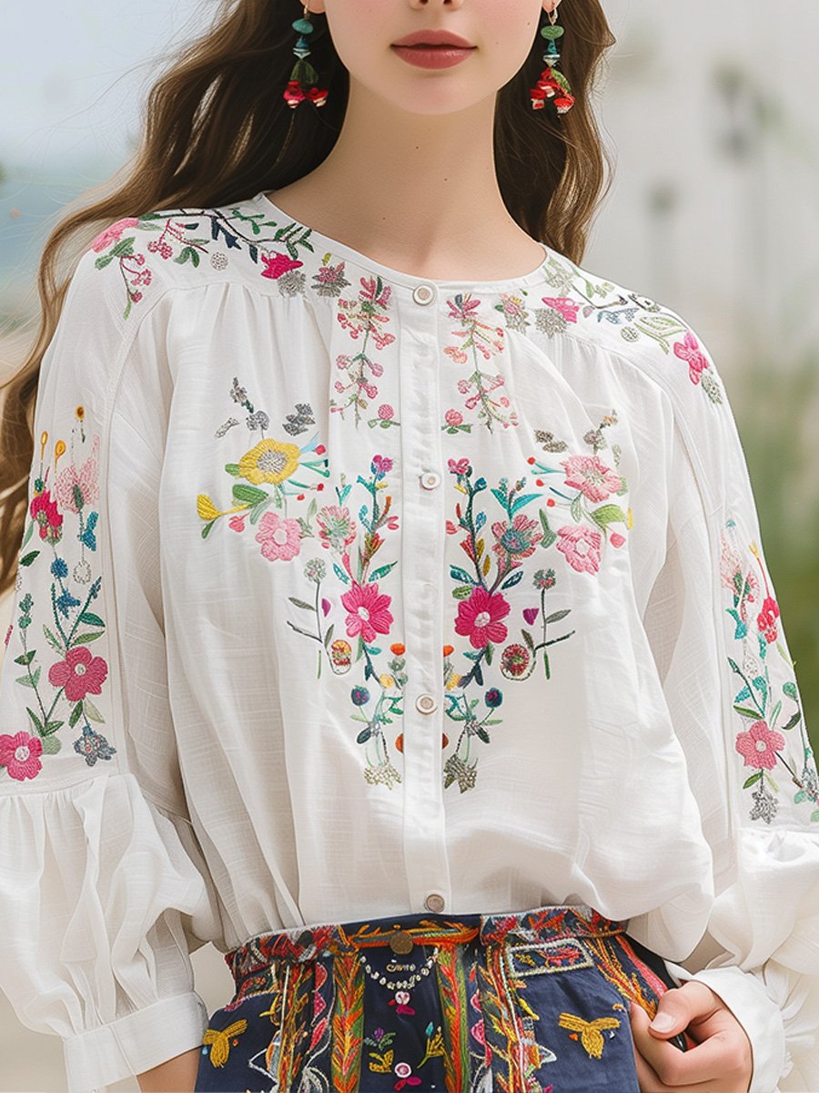 Floral Embroidered Short-Sleeve Cotton-Linen Shirt