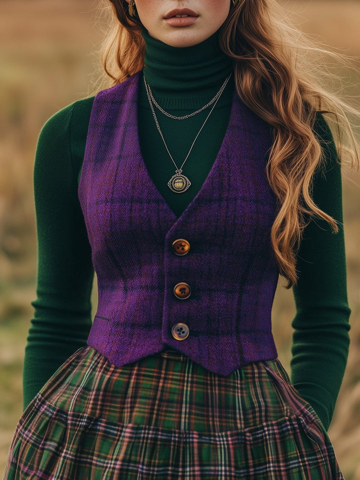 Retro Button-Up Gilet with Checkered Design - Clearance Sale on Vintage Stock