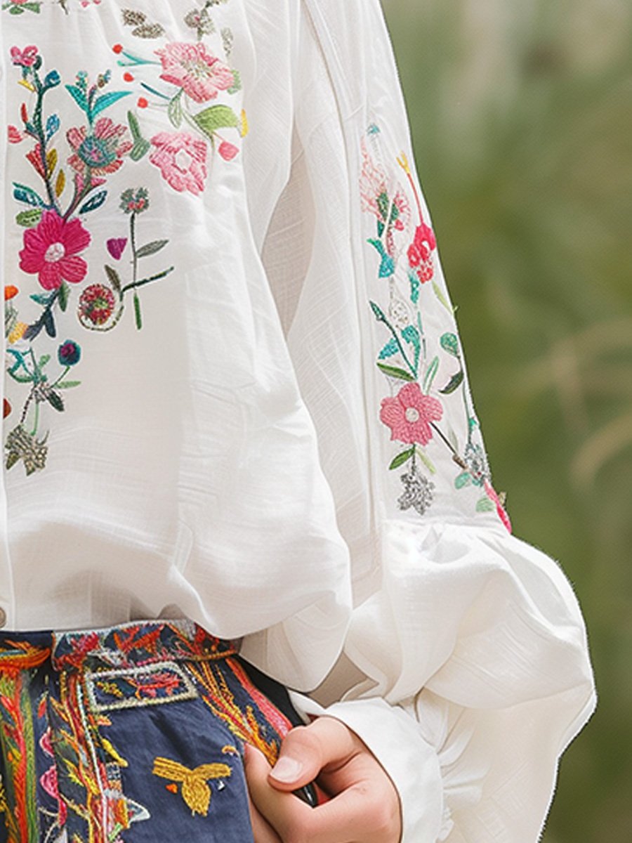 Floral Embroidered Short-Sleeve Cotton-Linen Shirt