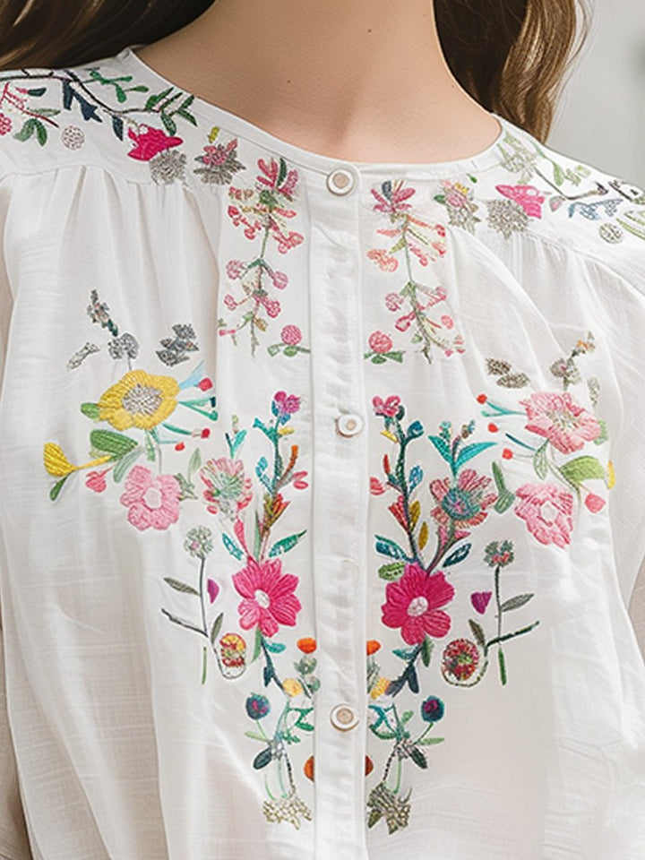 Floral Embroidered Short-Sleeve Cotton-Linen Shirt
