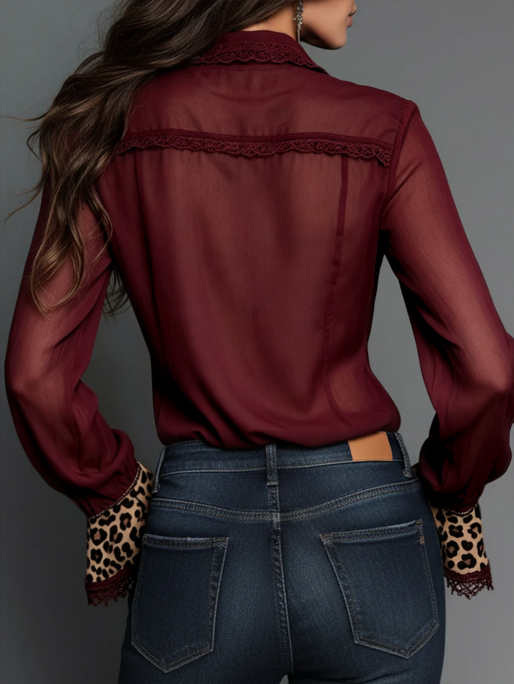 Vintage-Inspired Satin Blouse Featuring Leopard Print and Lace Accents