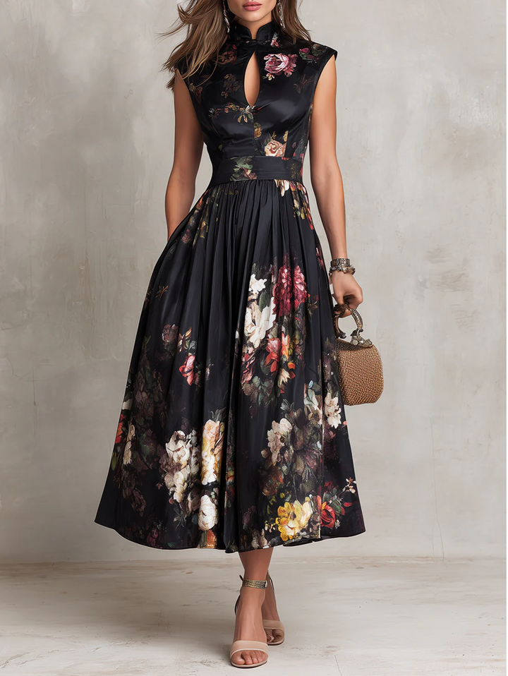 Pleated Satin Midi Dress with Keyhole Neckline