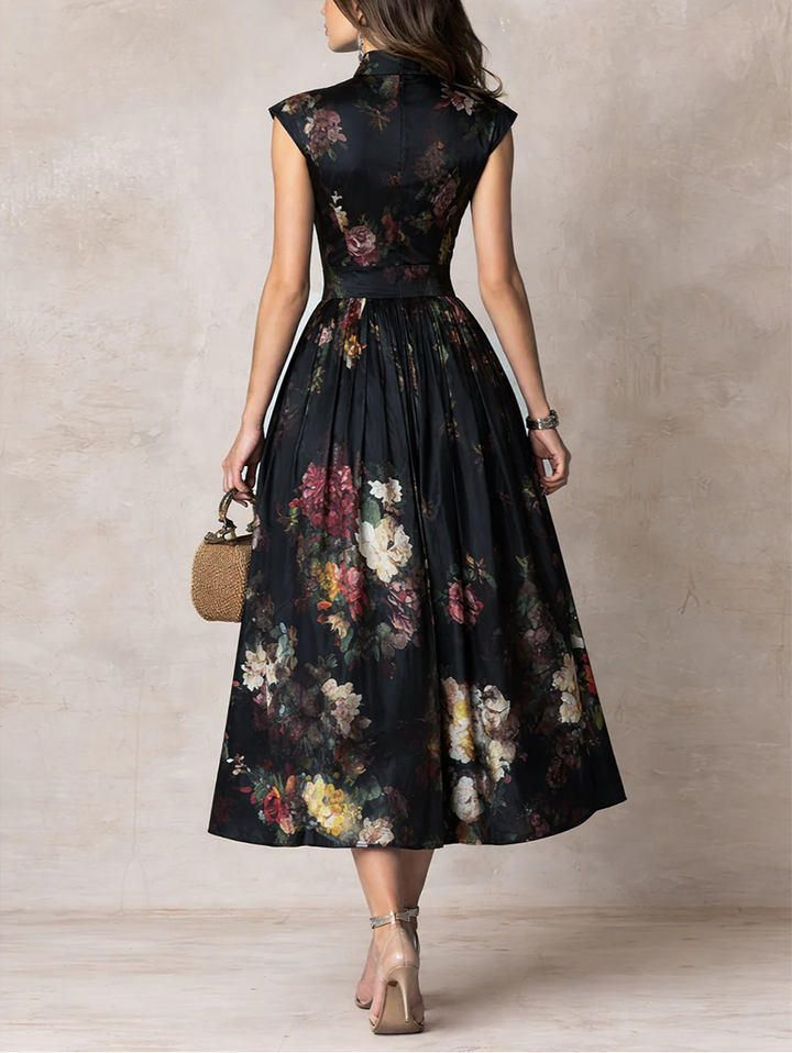 Pleated Satin Midi Dress with Keyhole Neckline