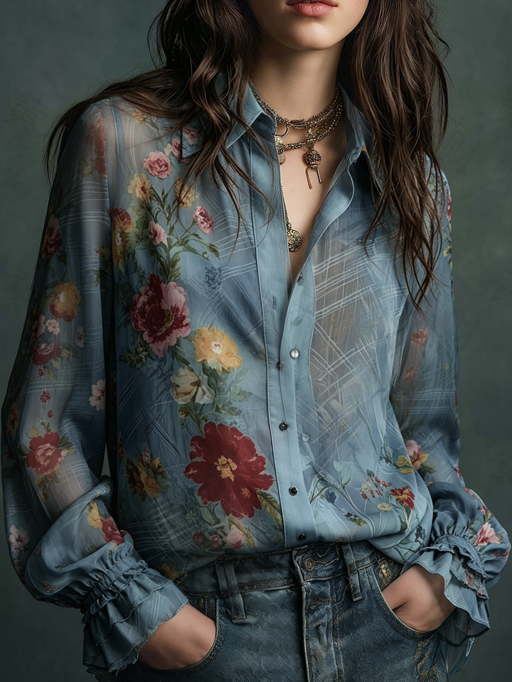 Vintage-Inspired Sheer Floral Blouse with Button Details