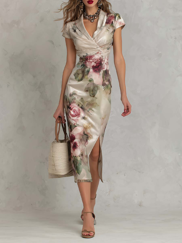 Floral Print Midi Satin Dress with Side Slit