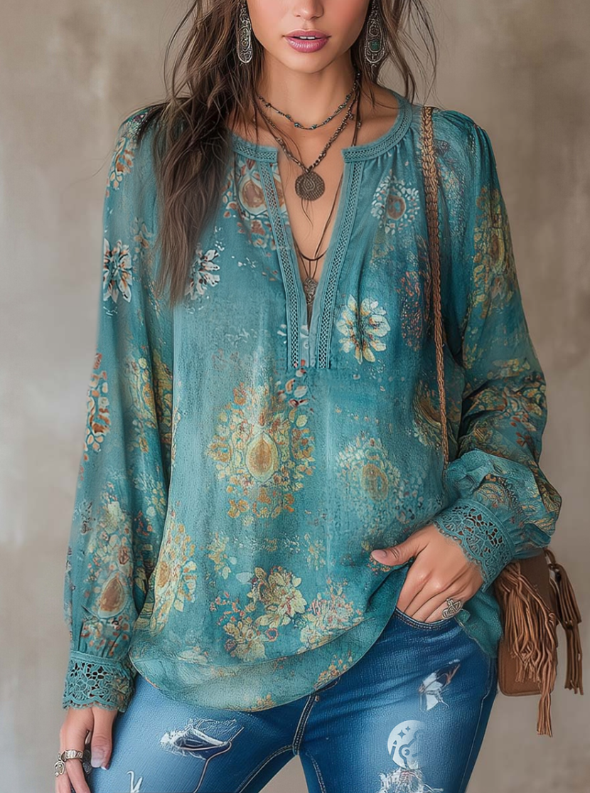 Retro Ethnic Blouse Featuring Floral Lace Accents