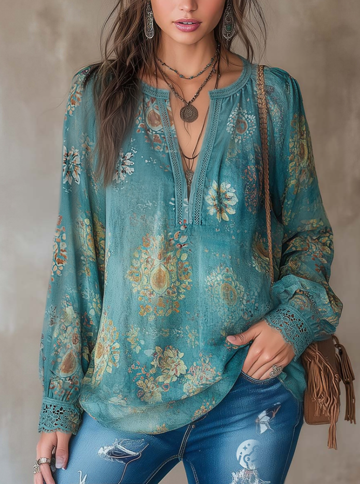 Retro Ethnic Blouse Featuring Floral Lace Accents