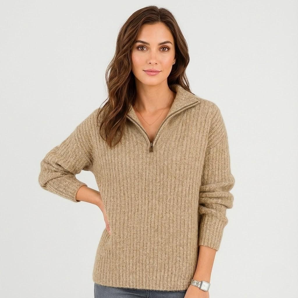 High-Collar Knitted Sweater with Short Zipper