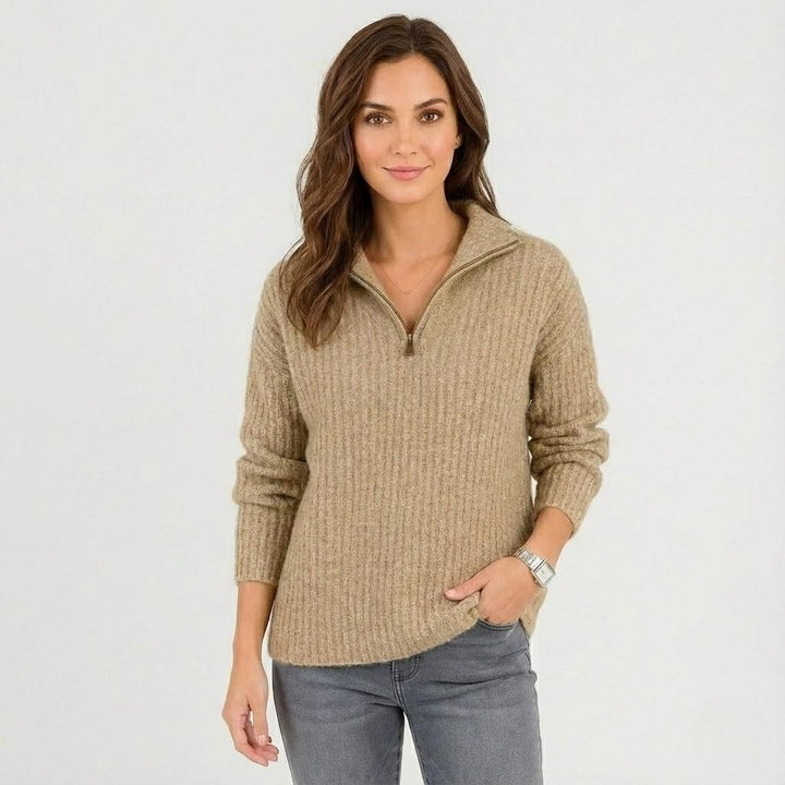 High-Collar Knitted Sweater with Short Zipper