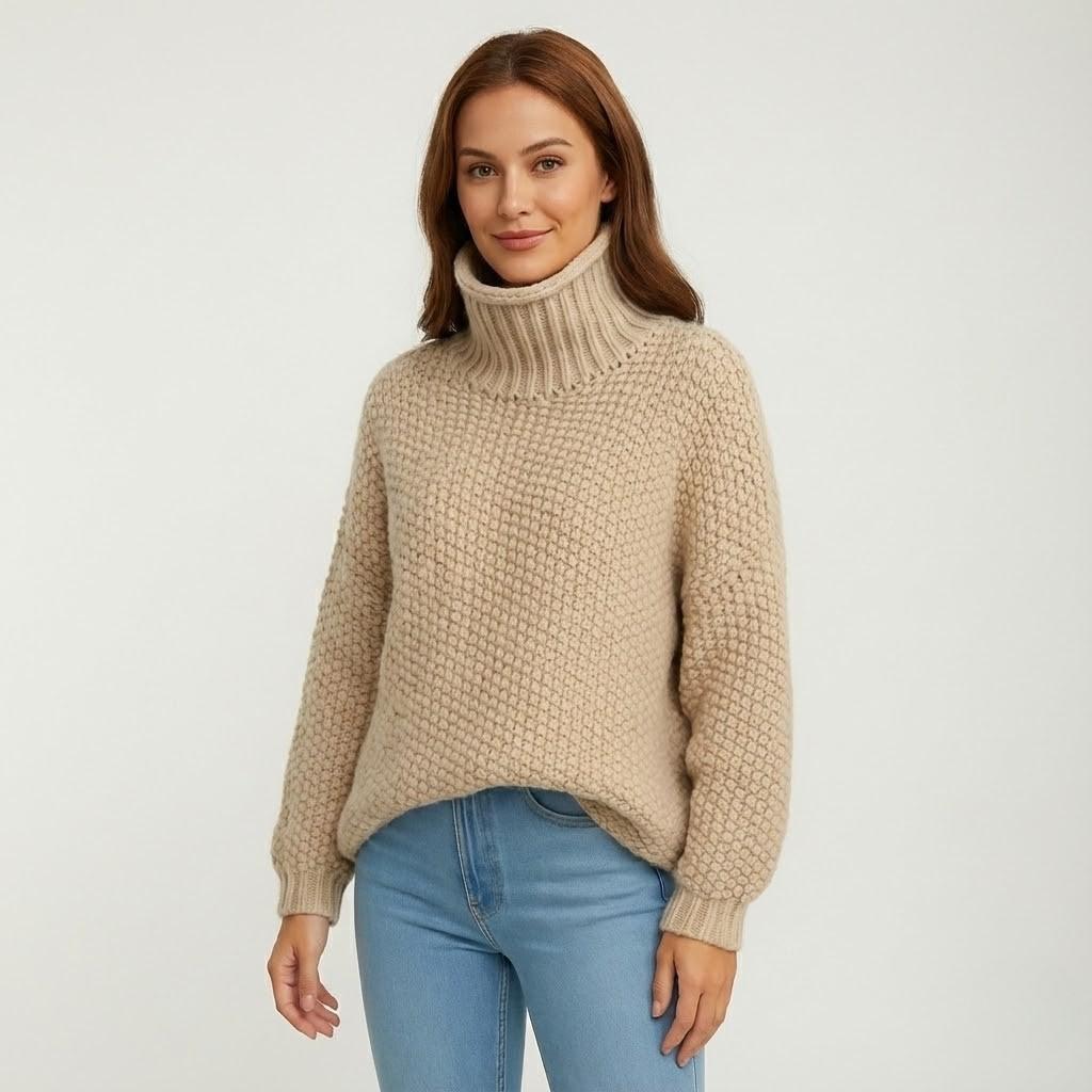 Roll Neck Structured Knit Sweater in Wool-Viscose Blend