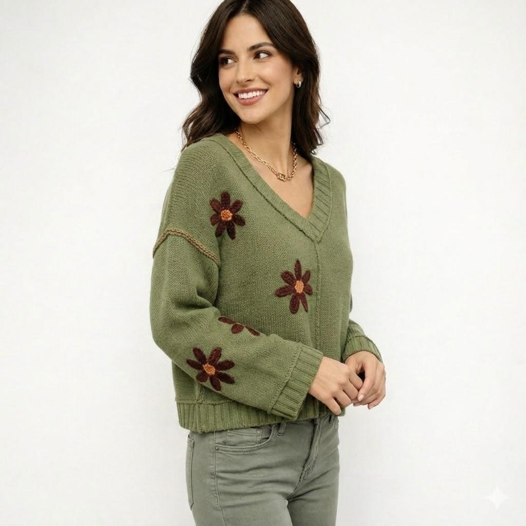 Cozy Loose-Fit V-Neck Sweater with Decorative Embroidery