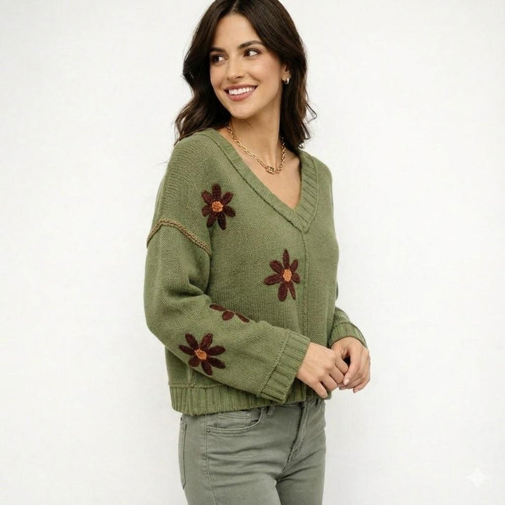 Cozy Loose-Fit V-Neck Sweater with Decorative Embroidery