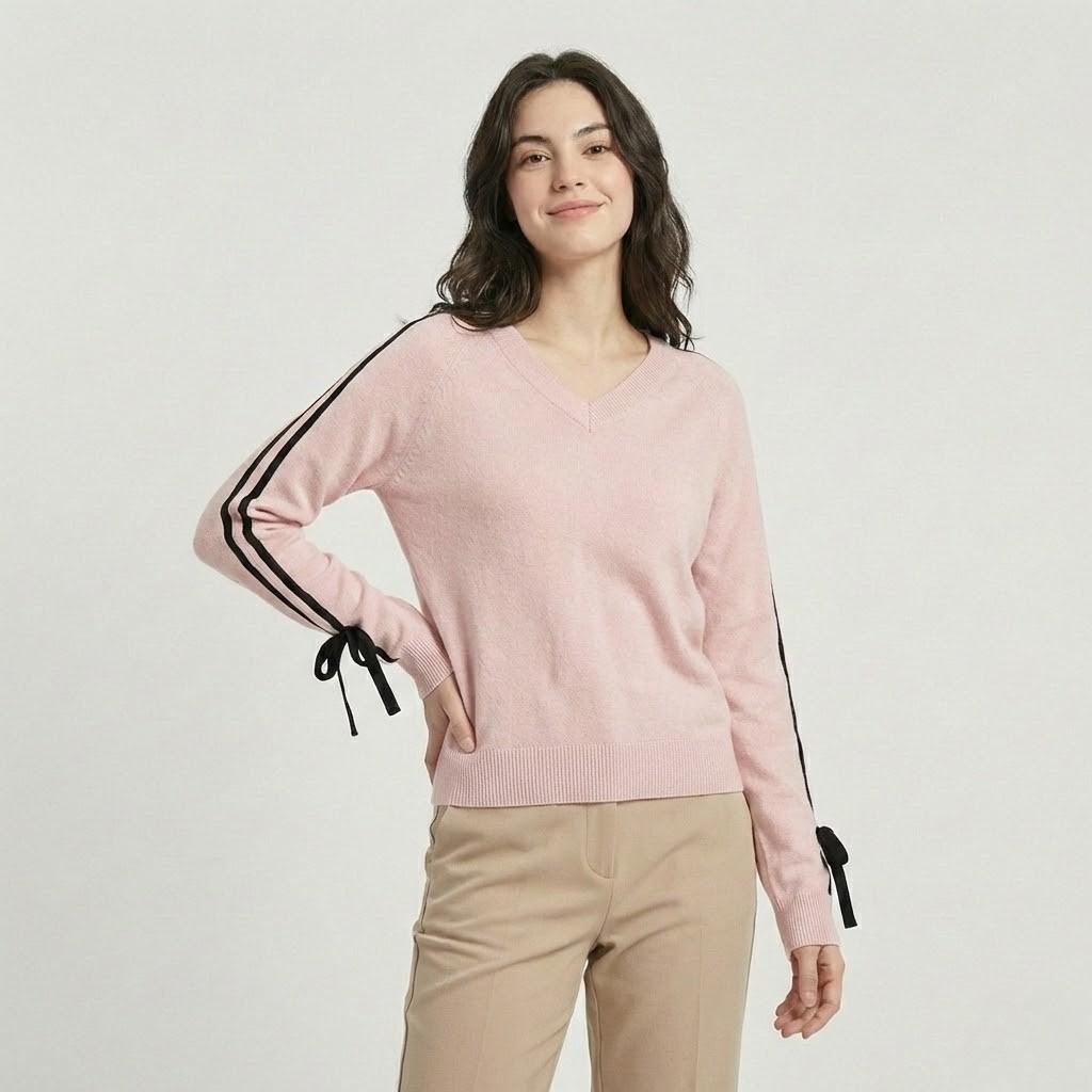 Cozy Loose-Fit V-Neck Knitted Sweater with Contrast Accents