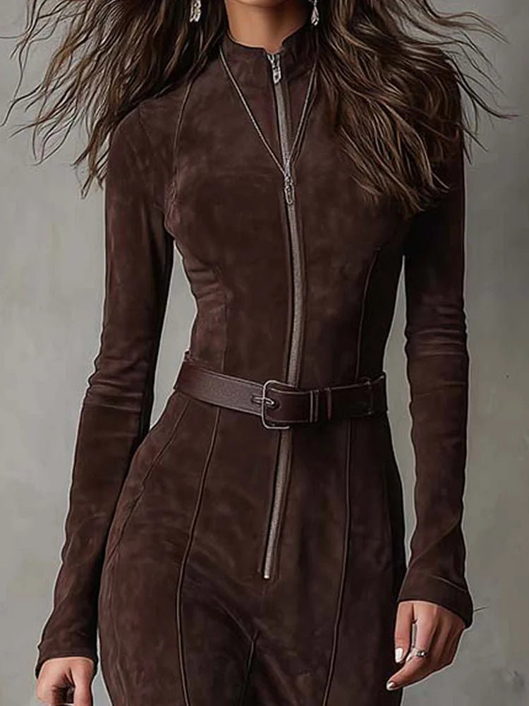 Kvetomíra | Brown Maxi Dress Featuring Belt and Front Zipper